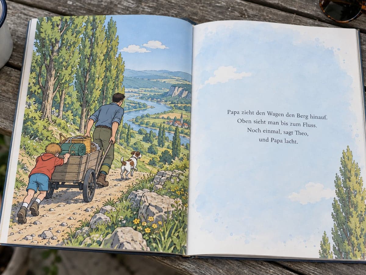 Aufgeschlagenes personalisiertes Kinderbuch zum Vatertag, links die Illustration, rechts der Text