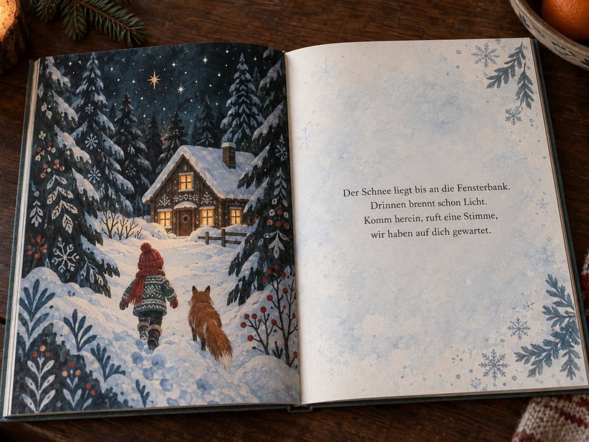 Aufgeschlagenes personalisiertes Kinderbuch zu Weihnachten, links die Illustration, rechts der Text