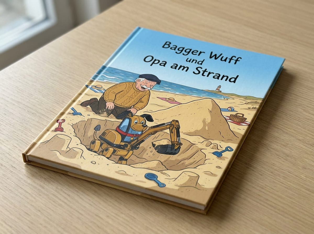 Illustrierte Buchseite mit einem Bagger und einem Hund, wie es ein Buch mit Otto als Hauptfigur zeigen kann