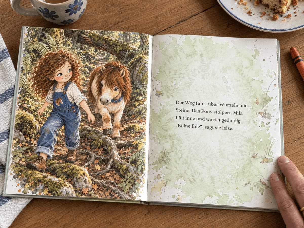 Illustrierte Buchseite mit einem Kind und einem Pony, wie es ein Buch mit Emma als Hauptfigur zeigen kann