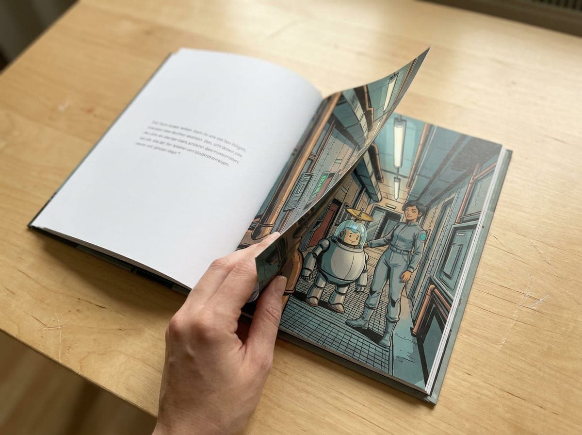 Illustrierte Buchseite mit einer Figur auf dem Mond, wie es ein Buch mit Moritz als Hauptfigur zeigen kann