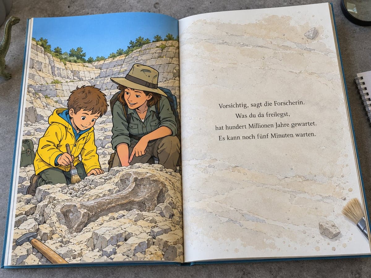 Aufgeschlagenes personalisiertes Kinderbuch zum Motiv Dinosaurier: links die Illustration, rechts der Text