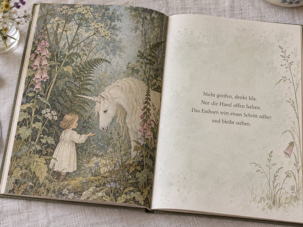 Aufgeschlagenes personalisiertes Kinderbuch zum Motiv Einhörner: links die Illustration, rechts der Text