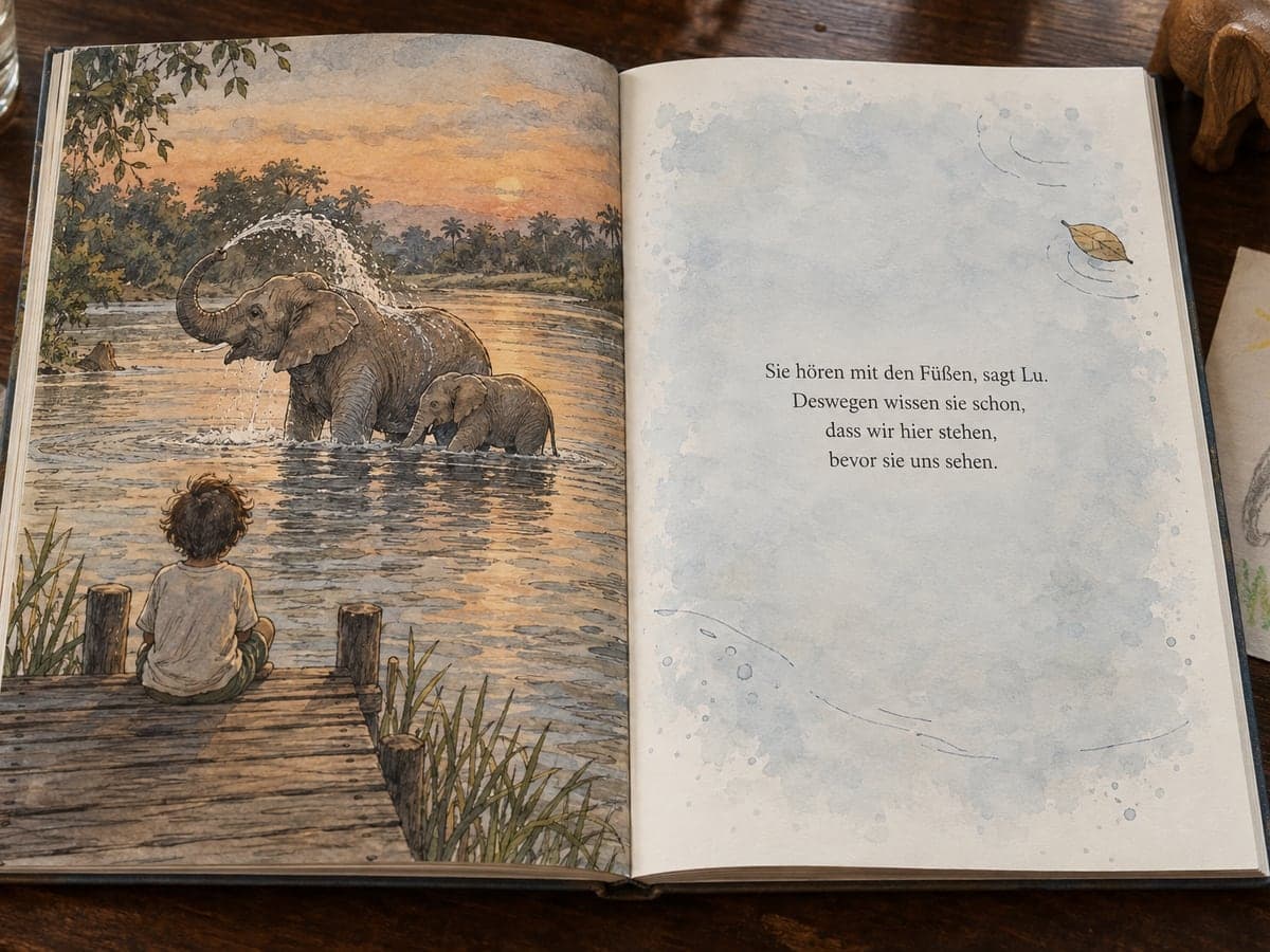Aufgeschlagenes personalisiertes Kinderbuch zum Motiv Elefanten: links die Illustration, rechts der Text