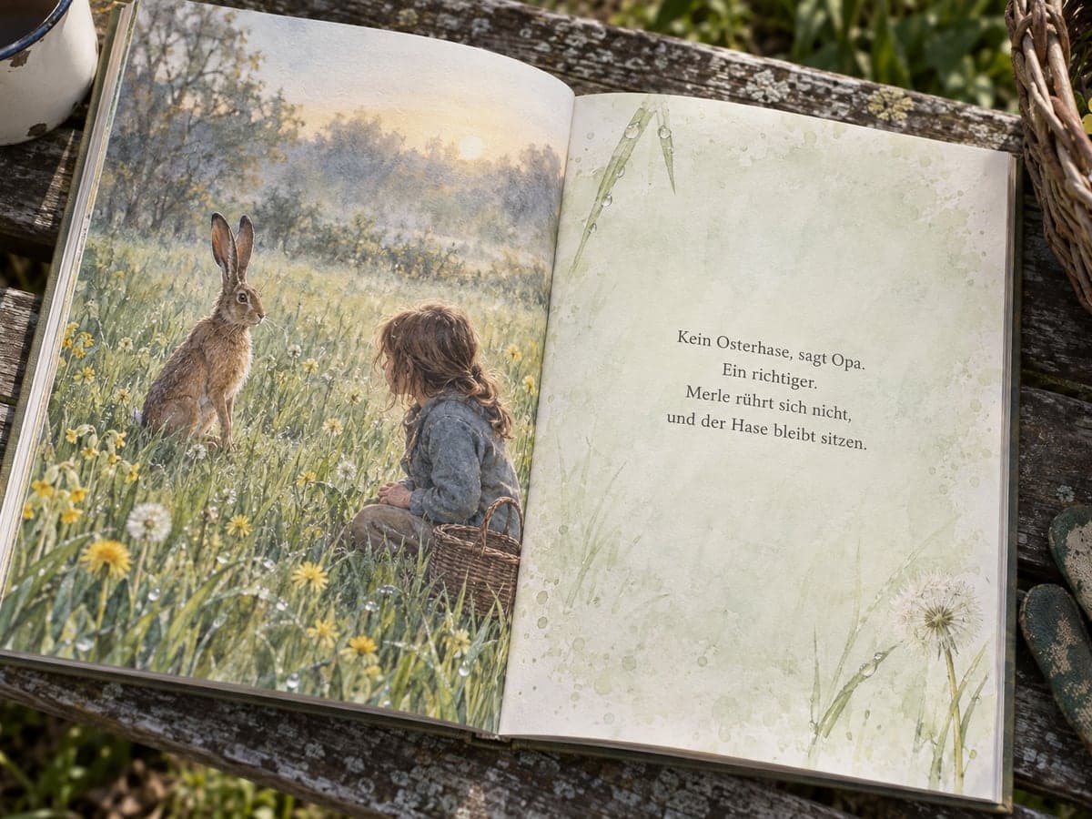 Aufgeschlagenes personalisiertes Kinderbuch zum Motiv Hasen: links die Illustration, rechts der Text