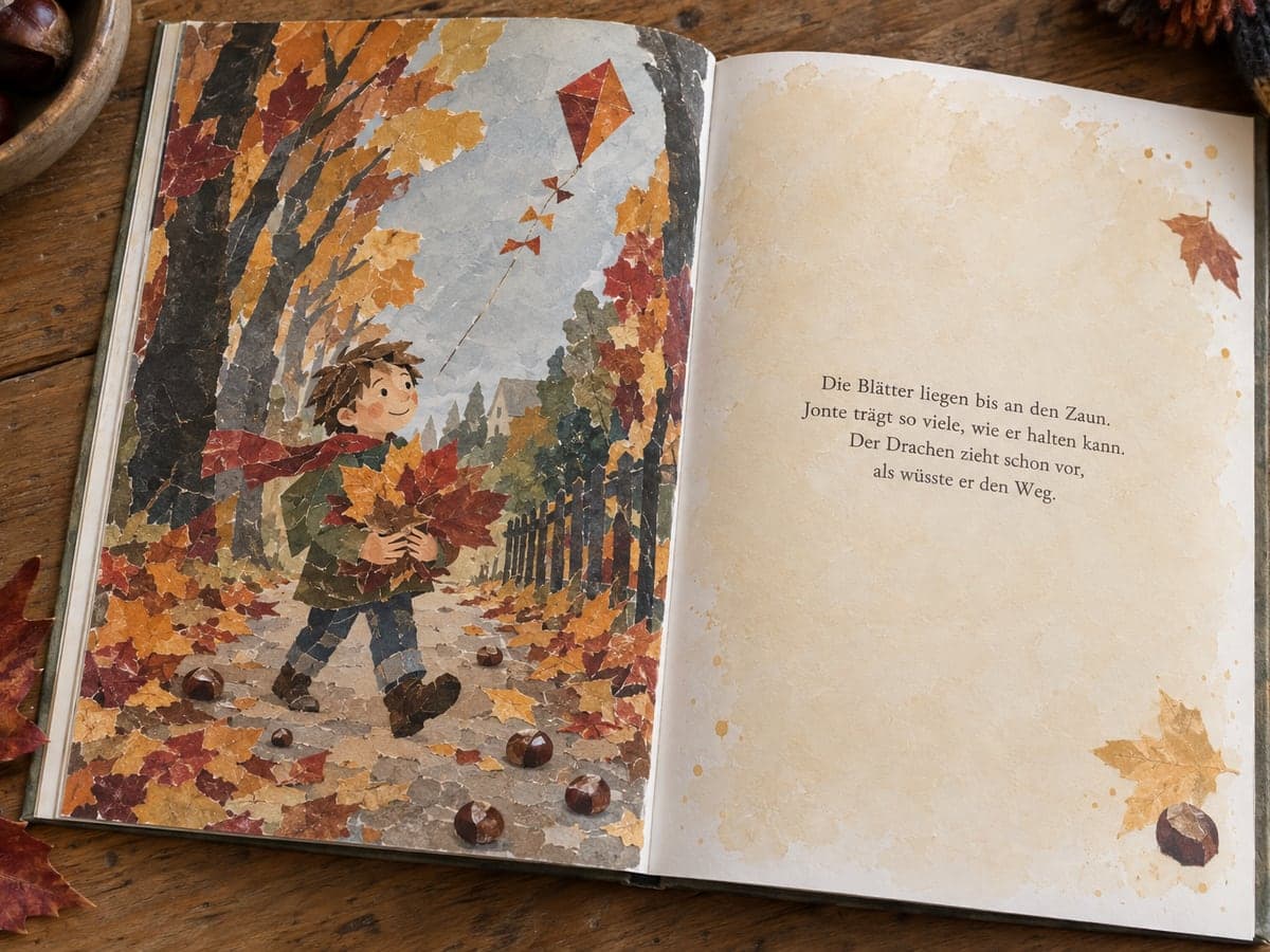 Aufgeschlagenes personalisiertes Kinderbuch zum Motiv Herbst: links die Illustration, rechts der Text