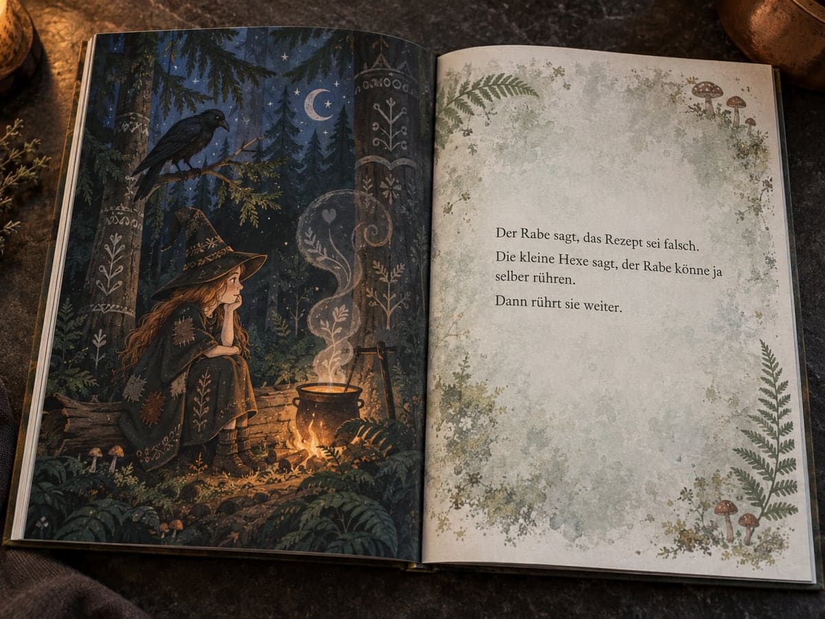 Aufgeschlagenes personalisiertes Kinderbuch zum Motiv Hexen: links die Illustration, rechts der Text