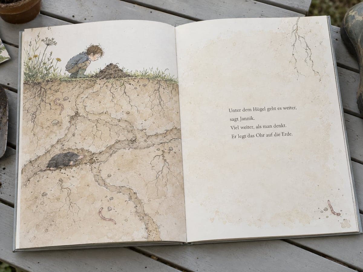Aufgeschlagenes personalisiertes Kinderbuch zum Motiv Maulwürfe: links die Illustration, rechts der Text