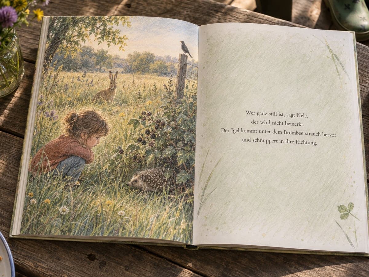 Aufgeschlagenes personalisiertes Kinderbuch zum Motiv Tiere: links die Illustration, rechts der Text