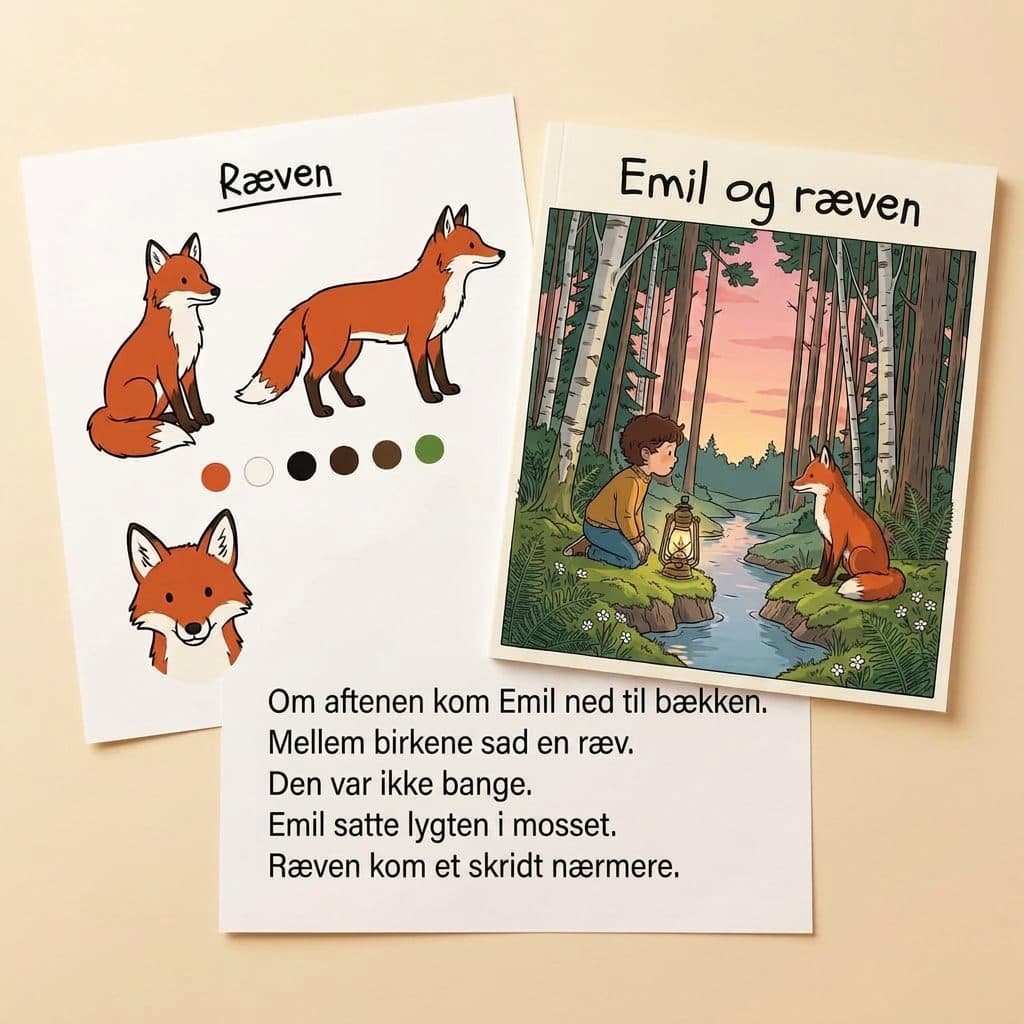 Figurarket »Ræven«, forsiden »Emil og ræven« og en side fra historien, side om side
