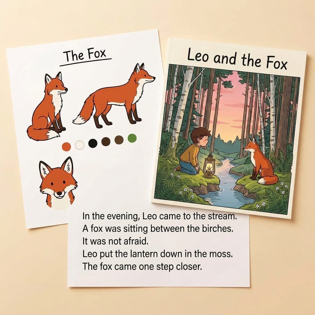 The character sheet “The Fox”, the cover “Leo and the Fox” and a page of the story, side by side