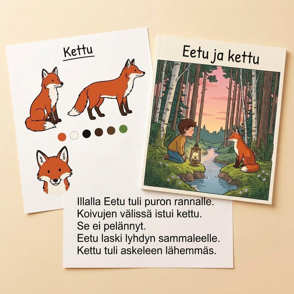 Hahmokortti ”Kettu”, kansi ”Eetu ja kettu” ja sivu tarinasta vierekkäin