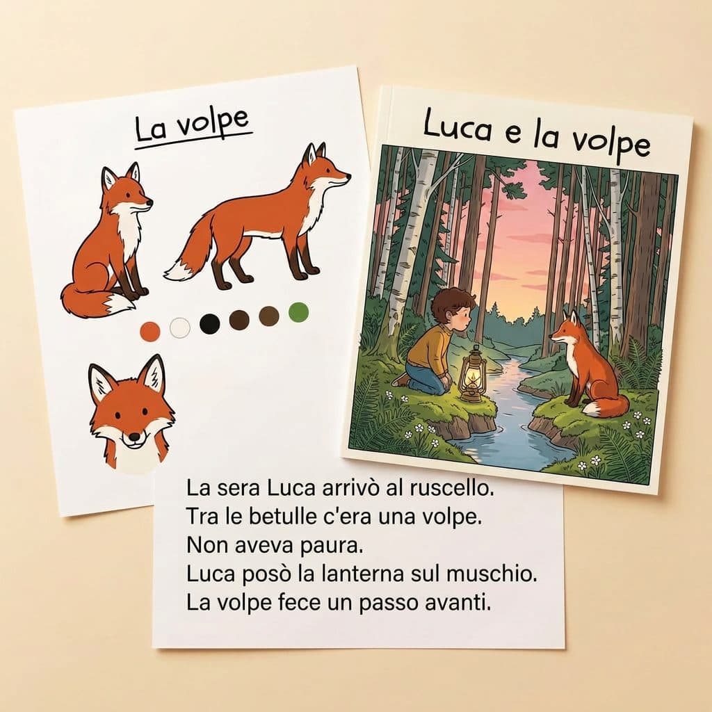 La scheda del personaggio «La volpe», la copertina «Luca e la volpe» e una pagina della storia, una accanto all'altra