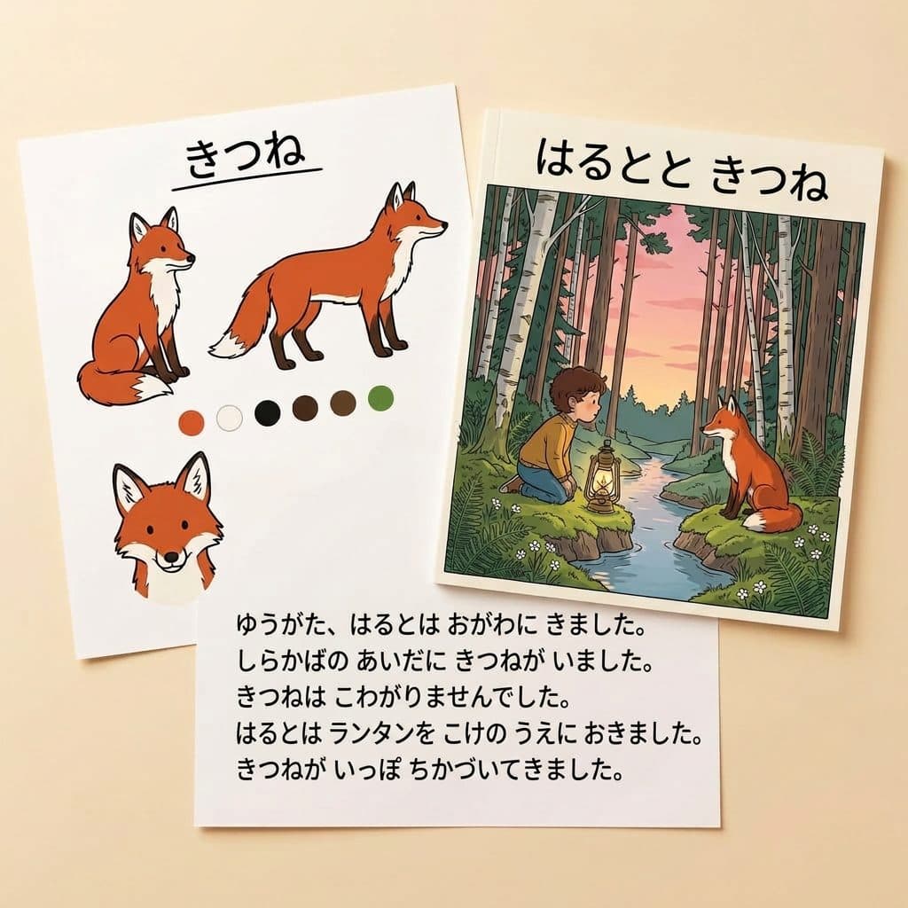 キャラクターシート「きつね」、表紙「はるとと きつね」、物語のページが並んでいる