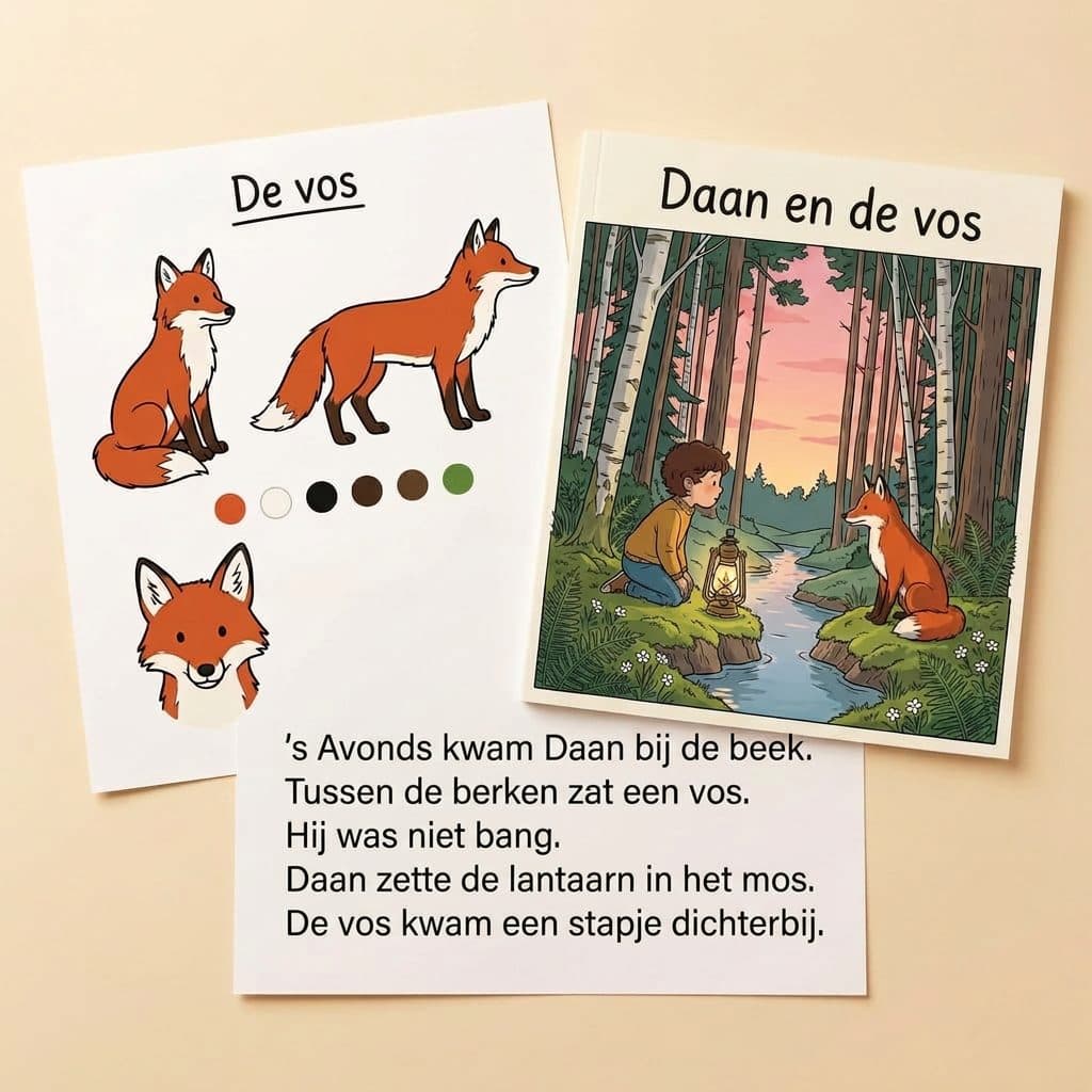 Het personageblad ‘De vos’, de cover ‘Daan en de vos’ en een bladzijde uit het verhaal, naast elkaar