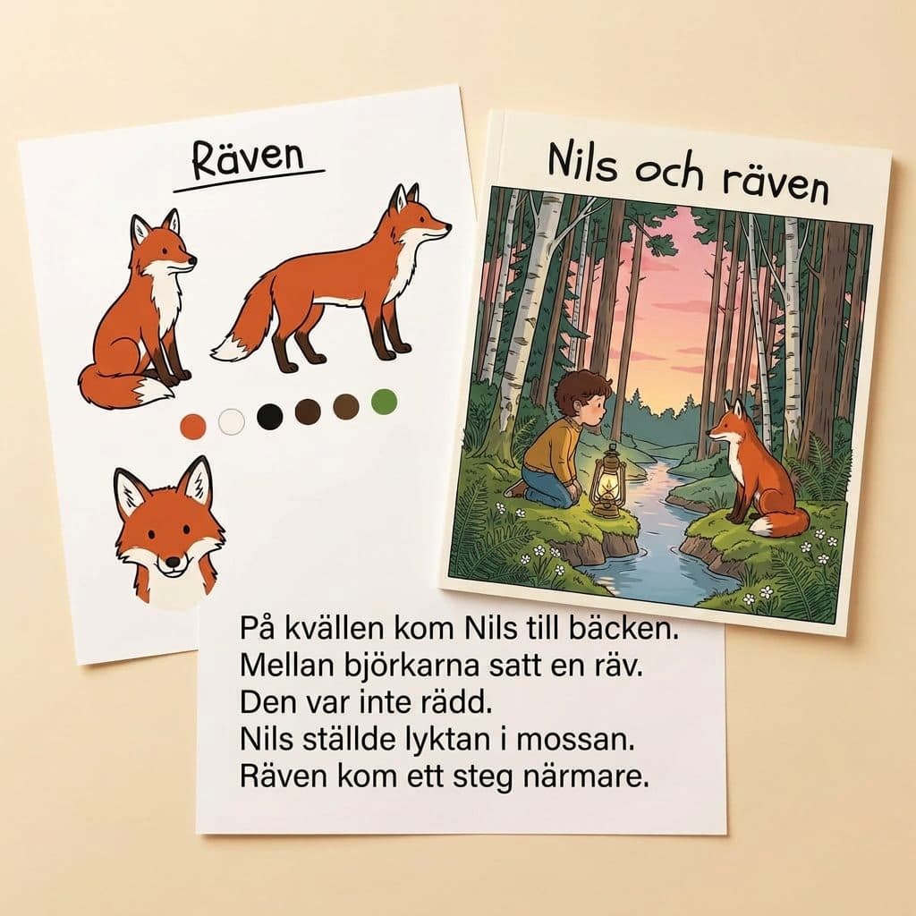 Figurbladet ”Räven”, omslaget ”Nils och räven” och en sida ur berättelsen, bredvid varandra
