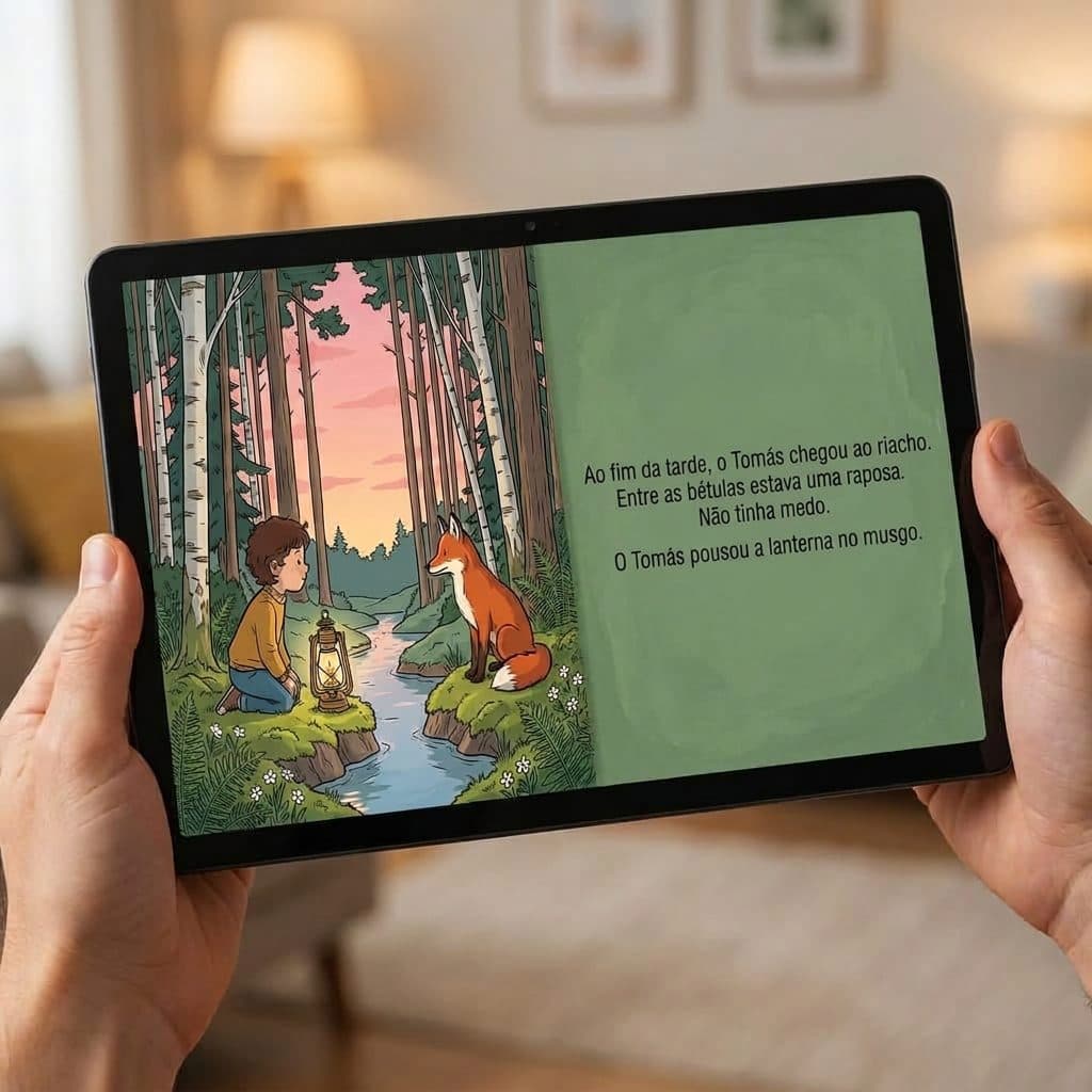 Um tablet na horizontal com uma página dupla do livro pronto: o Tomás e a raposa junto ao riacho