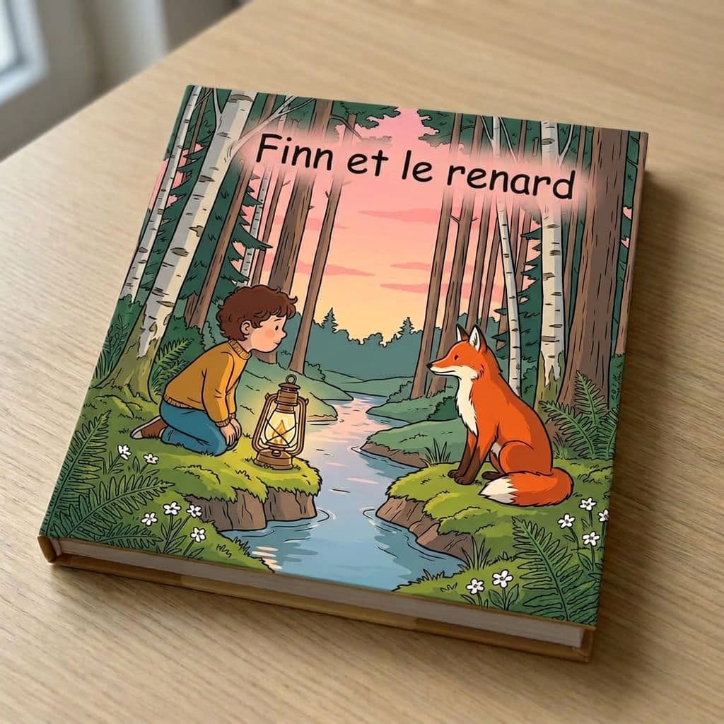 Le livre relié imprimé « Finn et le renard », posé sur une table