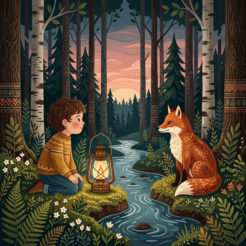 Example scene in the Nordic fairy tale style: Scandinavian folk art with forest tones and ornaments
