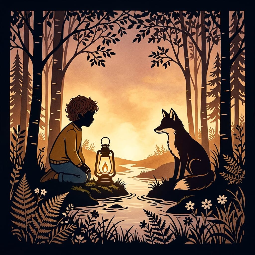Example scene in the Silhouettes style: Cut-out shapes against a warm light, like a shadow theatre