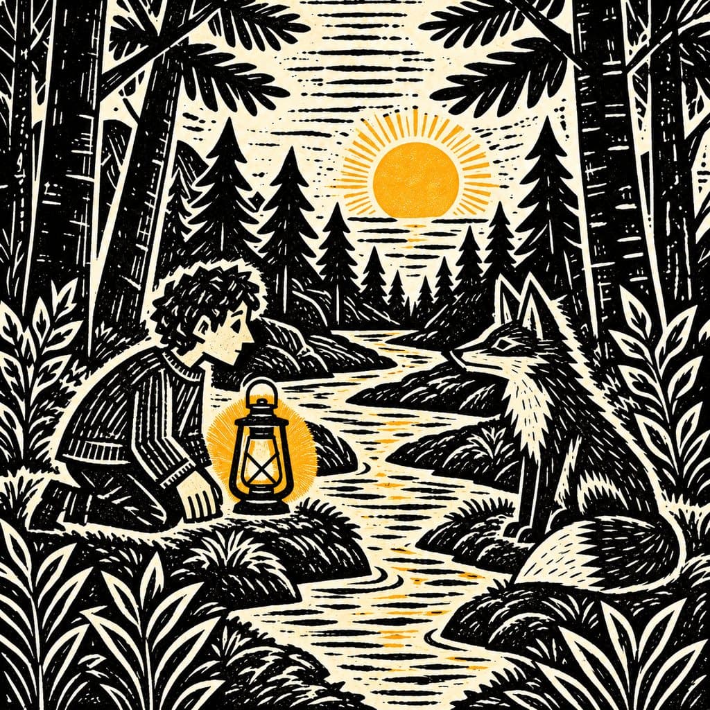 Example scene in the Cordel woodcut style: Bold black-and-white contrast and rough carved lines: direct and expressive