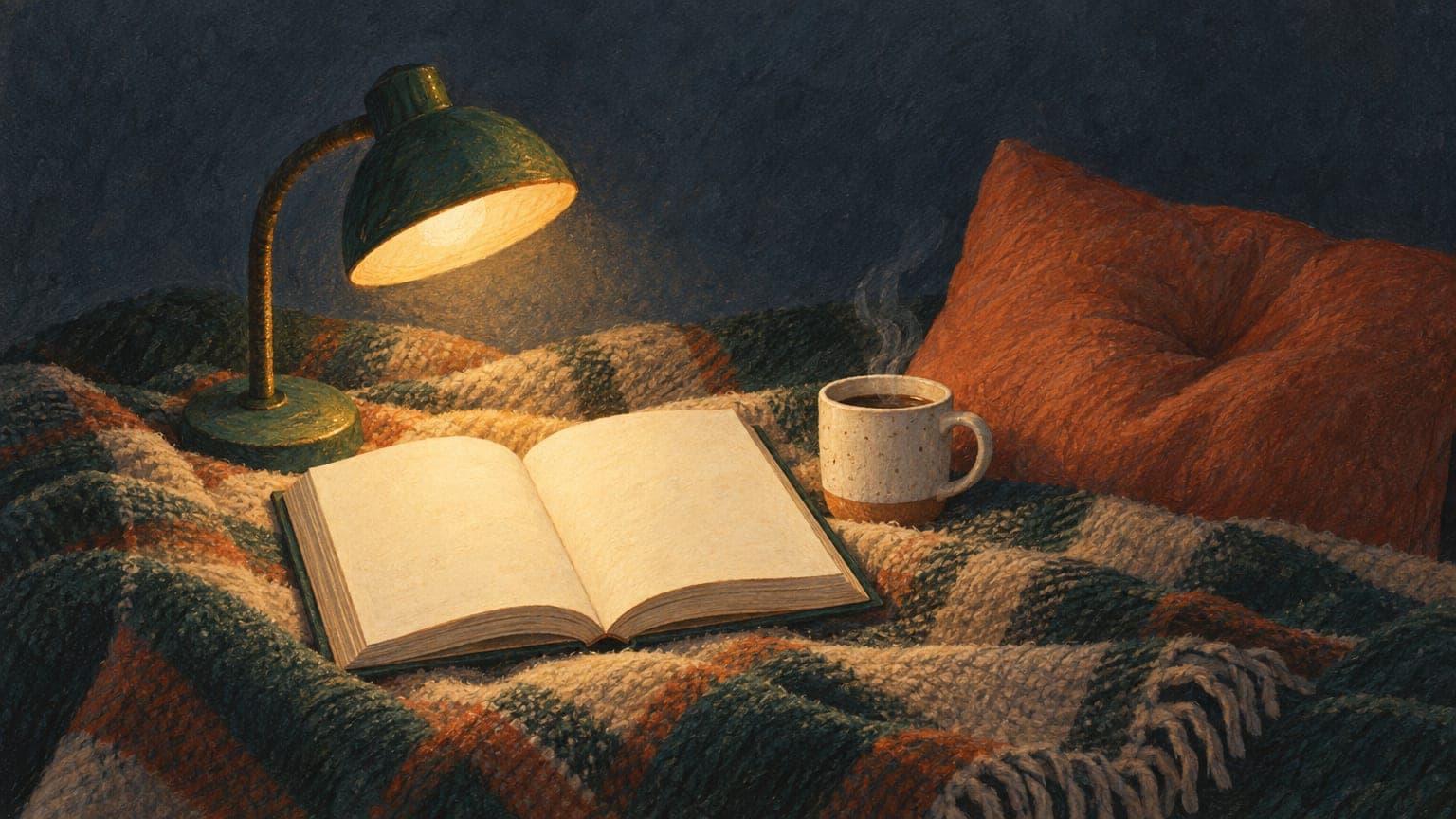 Illustration: an open book on a blanket in the warm light of a reading lamp, next to a mug and a cushion, with no people and no text
