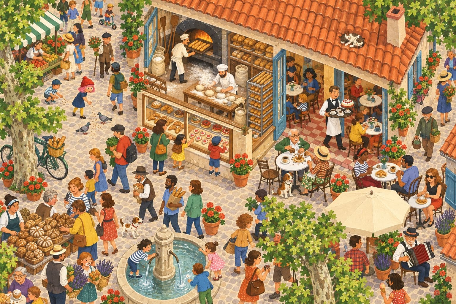 Gemalte Doppelseite: Dorfplatz mit Bäckerei, Brunnen und Café, von oben gesehen